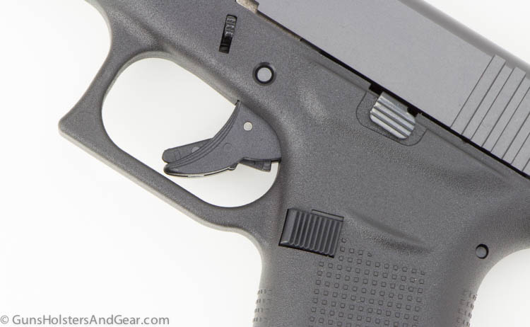 In this image, we see that Glock uses its Gen4 treatment on the G43 pistol. This includes the use of a special stippling on the grip frame. Stippling is the creation of a pattern simulating varying degrees of solidity or shading by using small dots. Such a pattern may occur in nature and these effects are frequently emulated by artists. In the context of a defensive firearm, it is designed to improve the hand's ability to hold the gun during recoil.