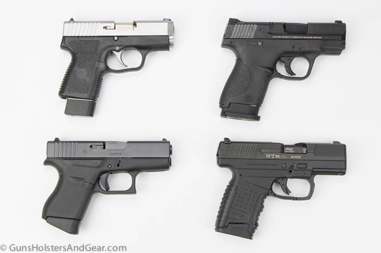 In this jpeg, we see a size comparison of the Glock 43 to the Smith & Wesson M&P Shield 9, Kahr Arms CM9, and Walther PPS pistols. The Walther PPS is a semi-automatic pistol developed by the German company Carl Walther GmbH Sportwaffen of Ulm for concealed carry for civilians and plainclothes law enforcement personnel.