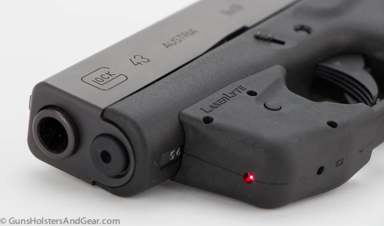 In this digital image, we see the LaserLyte mounted on the accessory rail of a G43. It is a red laser designed for weapons like small hand guns and firearms that assists with aiming and accurate shooting.