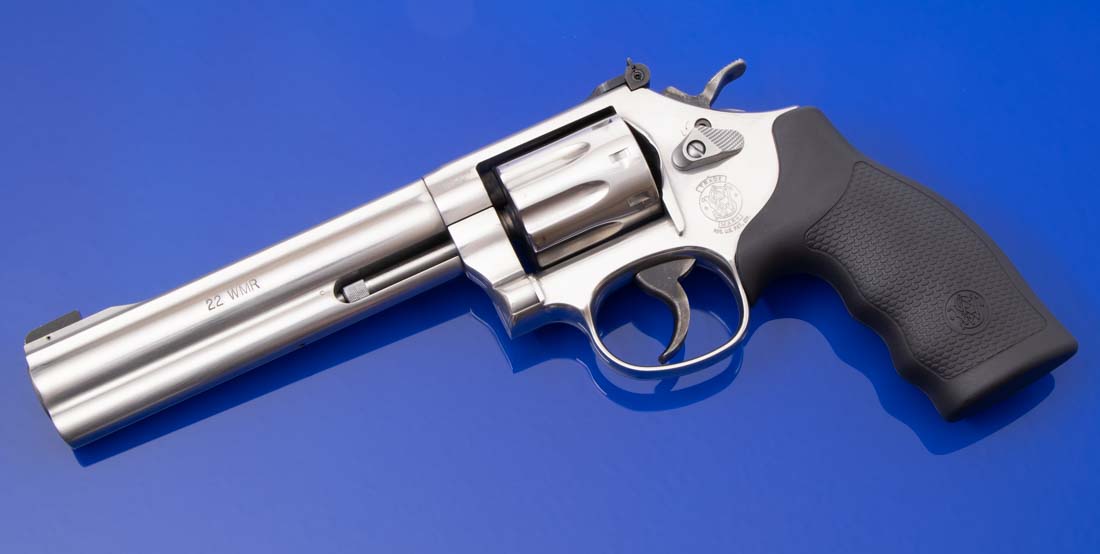 smith and wesson 648 photographed on blue for this review